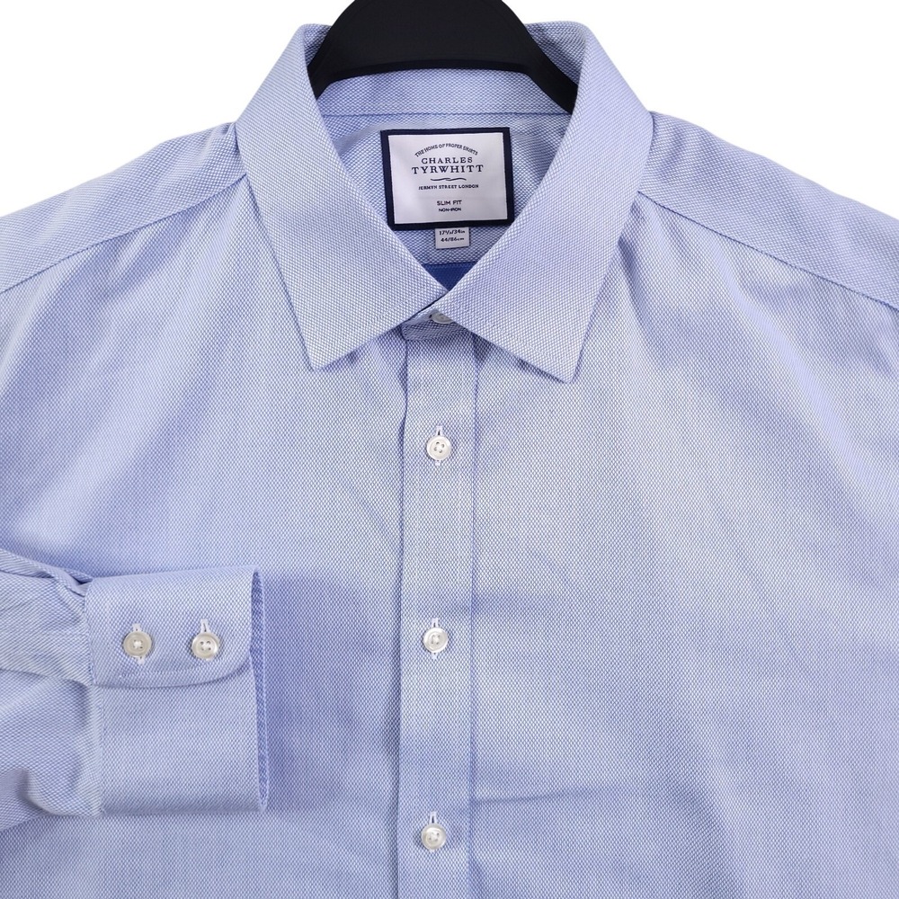 Charles Tyrwhitt Dress Shirt 17.5 34 Slim Fit Non Iron Blue Royal Oxford Weave